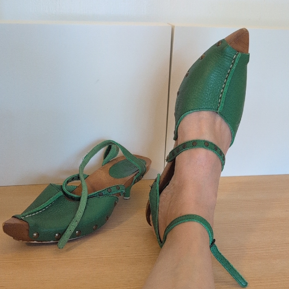 Replay, Mules, Clogs,Green Leather, Studded Detail, Italy, Vintage, 9.5 or 40